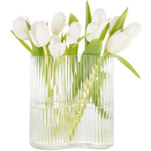 Glass Vase for Centerpieces,Modern Large Vase for Flowers,Footprint Shape Striped Bottle for Home,Office Restaurant Desk Decor 8.3 Inch (Clear)