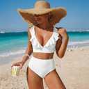ZAFUL Women's Ruffle Bikini Sets High Waisted Striped V Neck High Cut Swimsuit Two Piece Bathing Suits (White, L)