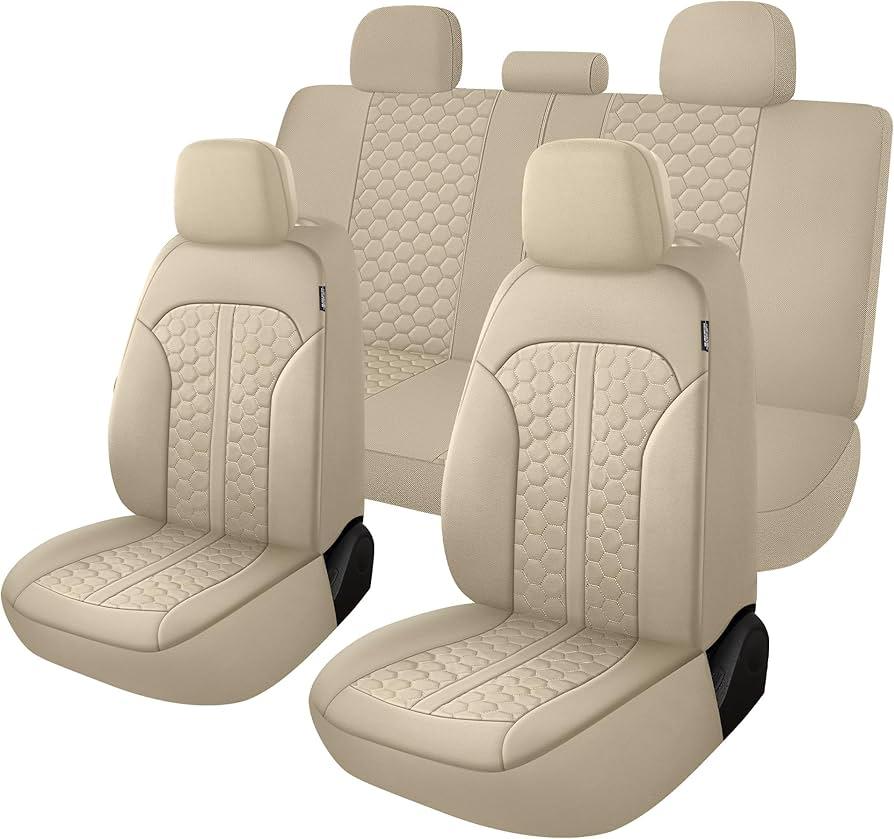 YGL Luxury PU Leather Car Seat Covers Full Set, Anti-Stain Interior Protector.Waterproof Auto Seat Covers for Cars, Trucks, Van, SUV, Pickup, Airbag Compatible (Beige)