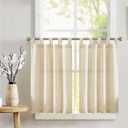 jinchan Kitchen Curtains 36 Inch Length Striped Tab Top Linen Short Tier Curtains for Living Room Bedroom Bathroom Farmhouse Light Filtering Rod Pocket Cafe Curtains 2 Panels Beige