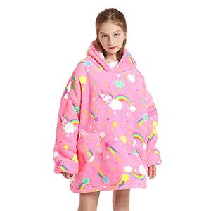 Wearable Blanket Hoodie for Kids 4-12YR Oversized Animal Hooded Blanket Super Soft Comfortable Warm Flannel Rainbow Unicorn