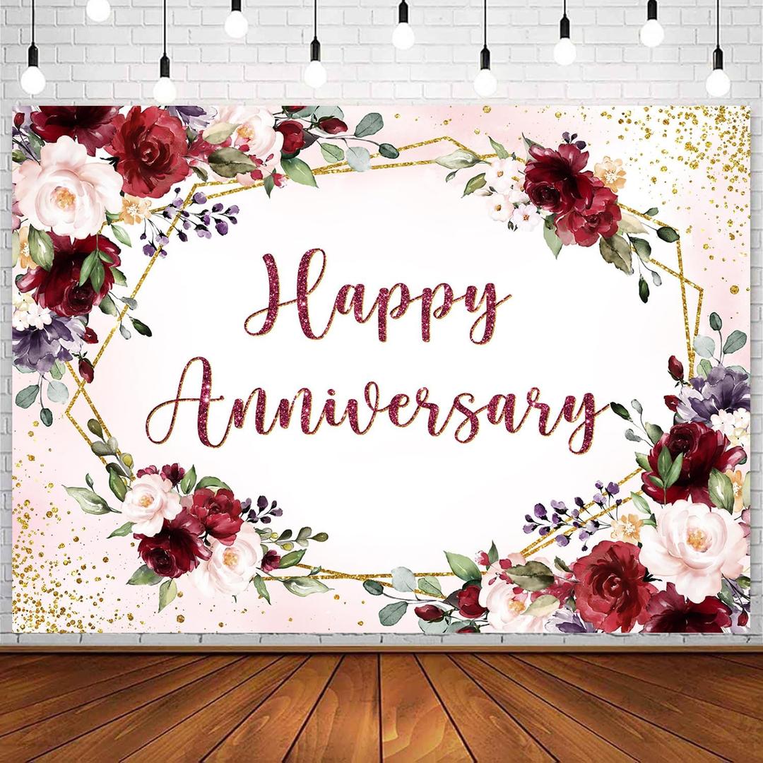 InMemory Happy Anniversary Backdrop Burgundy Flower Rose Wall Decoration Banner Couple Marriage Engagement Bridal Shower Wedding Anniversary Party Photography Background Photo Props 7x5ft