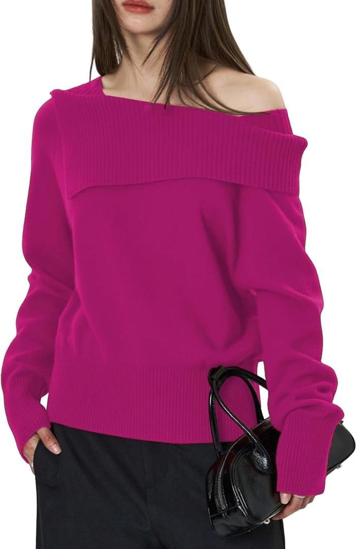 Mokayee Womens Off The Shoulder Asymmetrical Pullover Dressy Casual Sexy Trendy Sweaters, Small