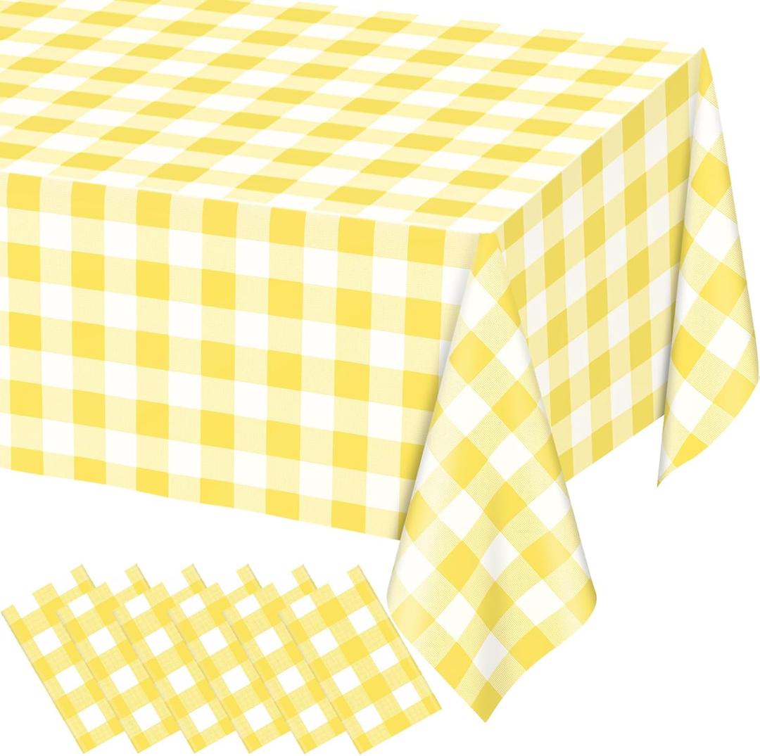WNINK 6 Pack Light Yellow Gingham Rectangular Plastic Tablecloths, Yellow and White Checkered Disposable Table Covers 54" x 108" for Birthday, Wedding, Bridal Shower, Outdoor Picnic Camping Parties