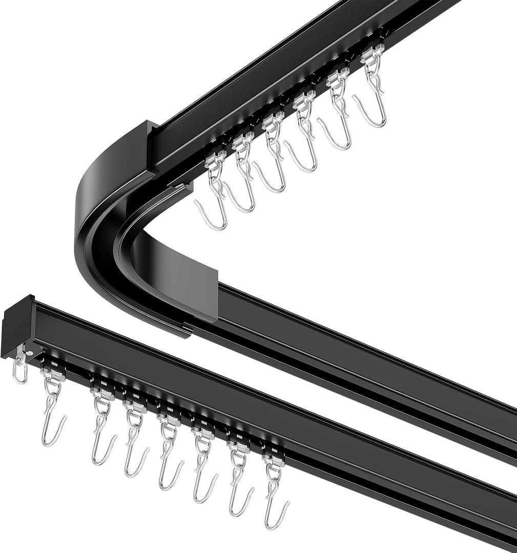 Room divider Ceiling Track set for Curtains with hooks, Corner Connectors(Set of 2) and top brackets Curtain Rail System (12-18 ft Track Set) Black