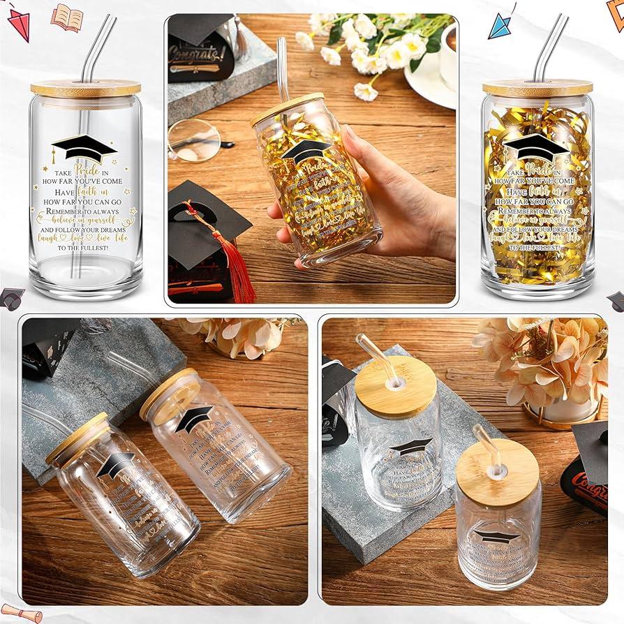 4 Pcs Glass Cups with Lids and Straws with Design Graduation Clear 16 oz Drinking Set Glass Tumbler Cute Design Iced Coffee Cups for Congrats Grad Party Gifts (EXP 05/27/26)