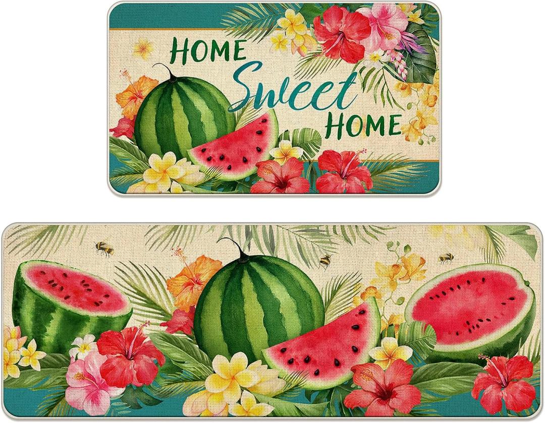 Summer Watermelon Tropical Decorative Kitchen Rugs Set of 2, Home Sweet Home Hibiscus Frangipani Flower Kitchen Mat Floor Mat, Hawaii Palm Leaves Kitchen Decorations 17x29 and 17x47 Inch