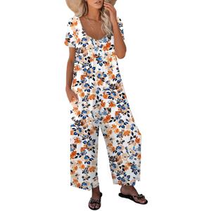 Jumpsuits for Women Summer Casual Short Sleeve Wide Leg Pants Long Rompers with Pockets Dressy Stretchy Comfy Small