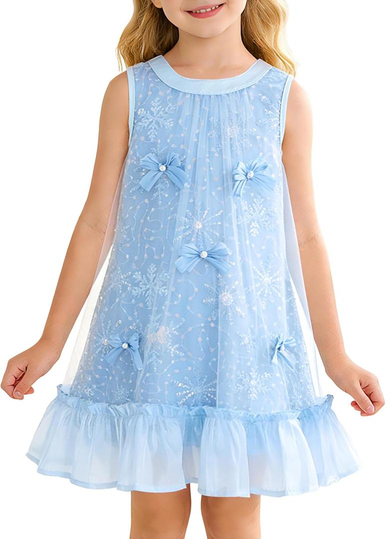 Girl Tulle Dress Toddler Girl Sequin Birthday Party Dress A-Line Kid Sleeveless Casual Dress 6-7 (Blue)