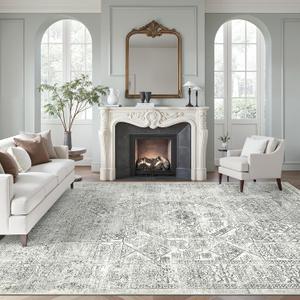 Soalmost Washable Area Rug 8x10, Gray Soft Rug for Living Room Vintage 8x10 Area Rugs for Bedroom Dining Room Floral Non-Slip Thin Grey Rug