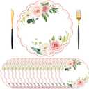 50 Pack Paper Placemats Disposable Pink Floral Placemat 13.7 Inch Rose Floral Round Place Mats Spring Summer Table Mats for Mother's Day Wedding Baby Show Party Supplies Banquet Table Settings