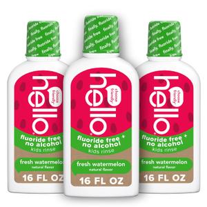 Hello Natural Watermelon Flavor Kids Fluoride Free Rinse, Alcohol Free, Vegan, SLS Free, Mouthwash for Kids Age 6 and Up, 16 Fl Oz (Pack of 3)