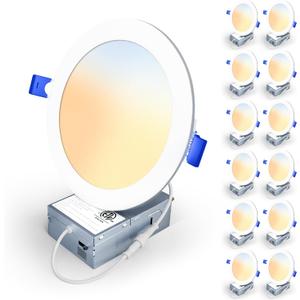 12 Pack 6 Inch 5CCT LED Recessed Light, Silm Canless Recessed Lighting, Dimmable, Damp Rated, 2700K-5000K Selectable, Wafer Ceiling Downlight with Junction Box, 1200LM, 12W 120V, ETL&FCC