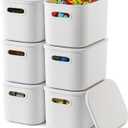 6 Pack White Storage Bins with Lids Stackable Storage Container for Organizing, Small Storage Boxes with Handle for Shelves, Cute Organizer Bins for Craft, Snacks, 9.85x6.9x5.7 inch