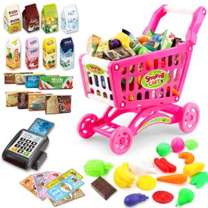 deAO Kids Shopping Cart Trolley for Groceries Toddlers 65 Food Fruit Vegetables Pretend Play Food Role Play Educational Toy Play Kitchen Toys Store Playset (Pink)