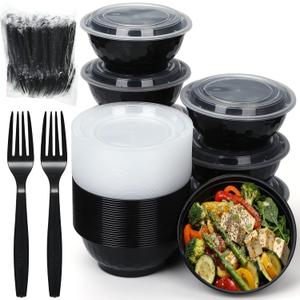 Nitial 50 Pack 36 oz Round Meal Prep Containers with Lids and Extra Long Forks, Disposable Plastic Bowls with Clear Lids for Noodles and Salad, Take out Bowl, Microwave Safe (Black)