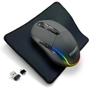 Wireless Mouse & Pad Combo – Multicolor LED Strip, Bluetooth & USB Receiver, TriMode, 6 Buttons, Rechargeable, Quiet Clicks, USBC Converter, Precision 3200 DPI – for PC, Laptop & Tablet (Black)