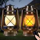Battery-Powered 2 Modes Lighting LED Vintage Lanterns Decorative Outdoor & Indoor, 2 Pack Bronze Lights with Dancing Flame, Waterproof Remote Control Retro Lanterns Decor for Room,Garden,Porch
