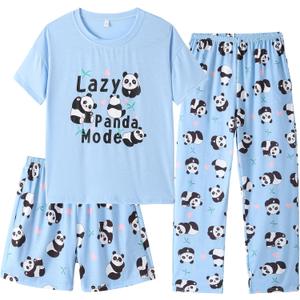 Kids Girls Pajama Sets Summer Short Sleeve With Shorts And Pants 3PCS Sleepwear Cute Cartoon Loungewear (10)