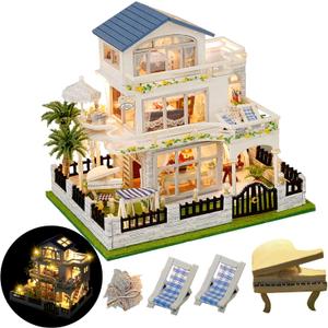 DIY Miniature House Kit, Mini House Kit for Beginners, DIY Dollhouse Kit for Adults to Build, Model Building Craft Diorama Kit, Ideal Gifts for Birthday, Christmas(Blue Mansion)