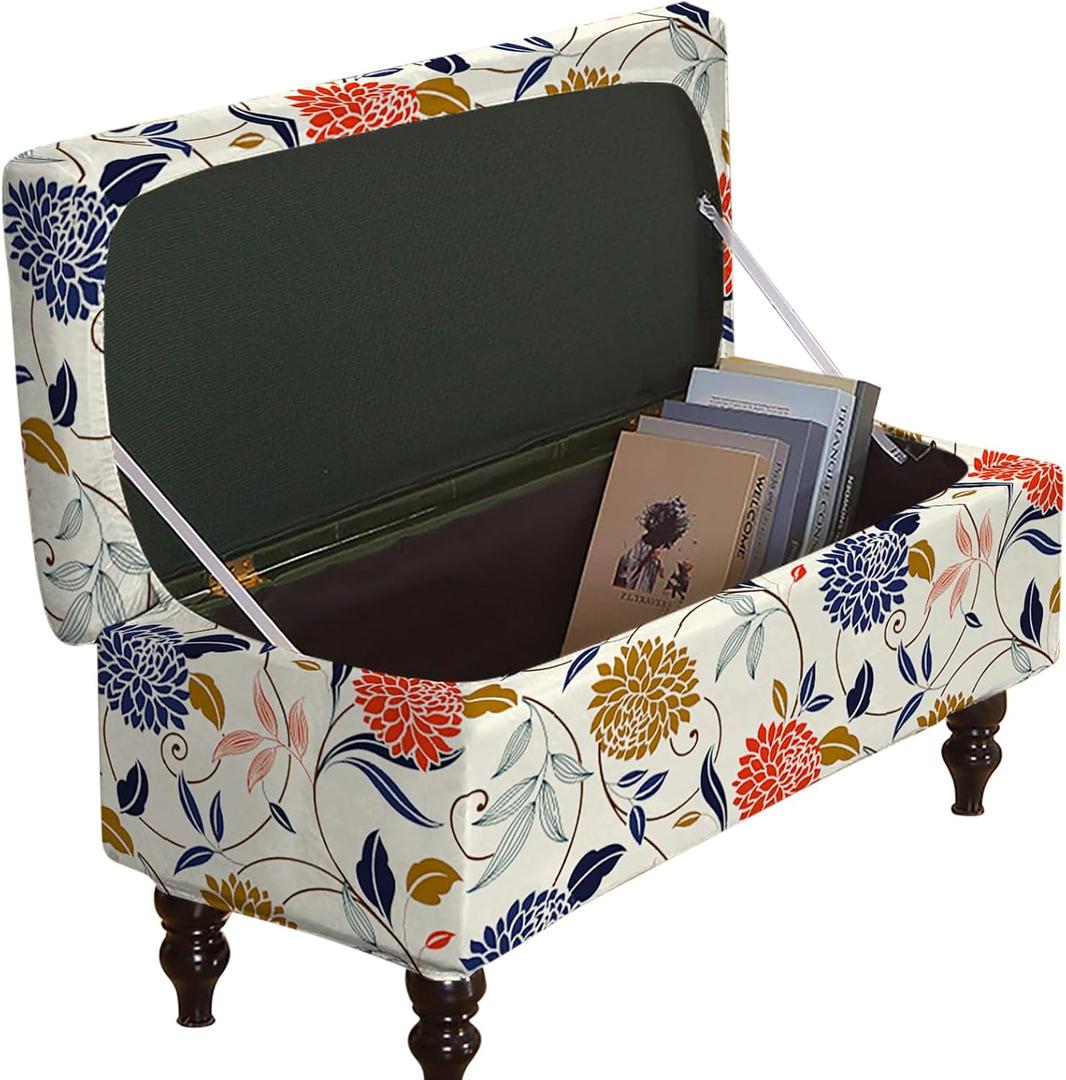 Ottoman Covers, Stretch Folding Storage Stool Slipcover Furniture Protector, Rectangle Bench Footstool Cover with Elastic Bottom, Soft Jacquard Fabric Removable Washable, Large (17)