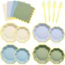 FoldTier 96 Pcs Dusty Blue Sage Green Gold Disposable Party Plate Set for 24/48 Guests 9" & 7" Scalloped Paper Plate Cocktail Napkin Plastic Forks for Birthday Farmhouse Wedding Baby Shower Tea Party