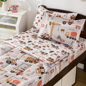 DJY Zipper Bedding Set Twin, Cars Bedding Sets for Boys, Kids Construction Comforter Set with Fitted Sheet Pillowcases, All in One Zipper Bed Set for All Seasons (Light Grey)