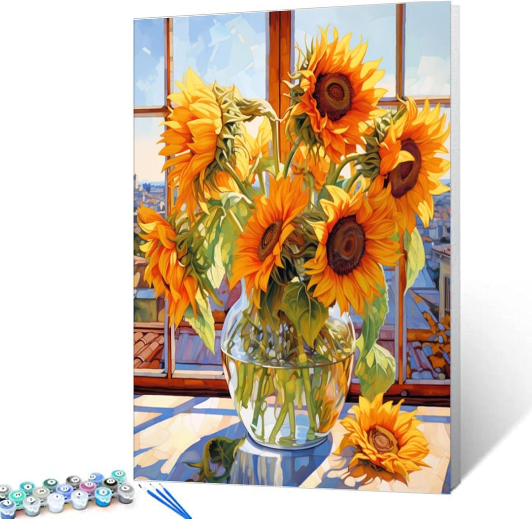 Tucocoo Sunflowers DIY Paint by Numbers for Adults Flowers in Glass Vase DIY Oil Painting Acrylic Paint Art Painting Kits Canvas with Acrylic Paint Floral Art 16x20 Inch （DIY Frame ）