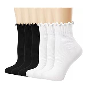 6 Pack Sunporx Ruffle Ankle Socks Knit Cotton Breathable Comfortable Socks for Girls (Black and White)