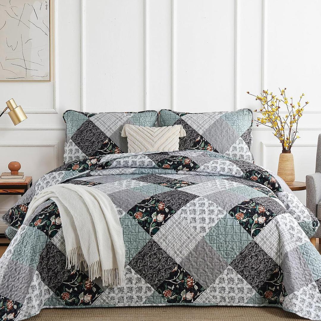 Xruibed Floral Plaid Patchwork Quilt Set Queen Size 3 Pieces Blue Gray Bedspread Set Reversible Quilt Bedding Set Microfiber Bedding Bedspread Coverlet Set for All Season(Queen 96"x90")