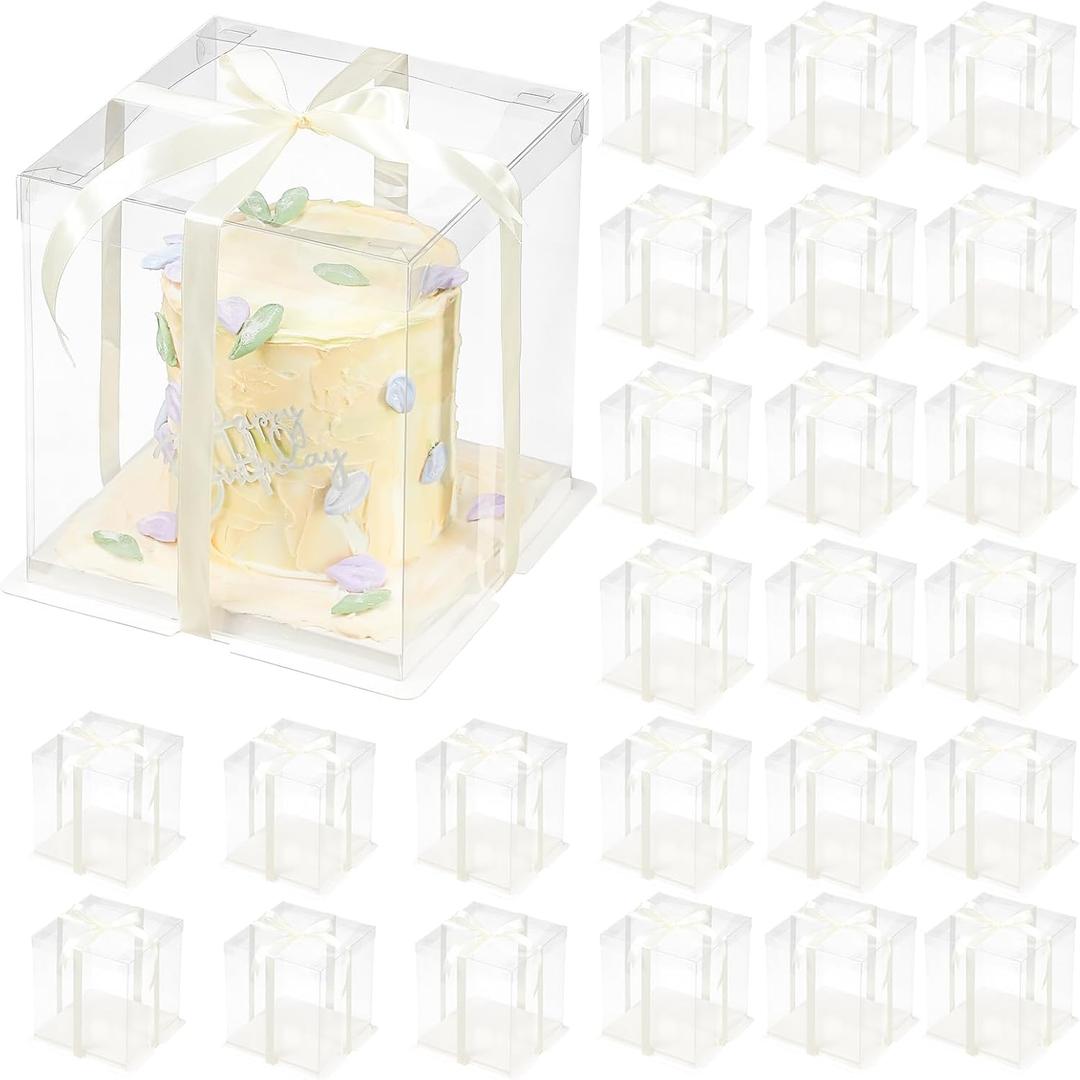 24 Pcs Clear Gift Box with Ribbon 3-Layer 10x10x12 Inch, Transparent Cake Carrier Box with Lids, PET Tall Cake Packaging Boxes, Clear Gift Boxes for Birthday,Wedding and Festival Party