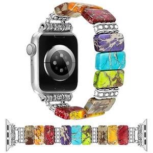Newlibery Beaded Natural Stone Bracelet Band Women Compatible with Apple Watch 42(S3/2/1) 44/45/46/49mm Boho Elastic Western Vintage Imperial Stone Strap for iWatch Series 11/10/9/8/7/6/5/4/SE/Ultra