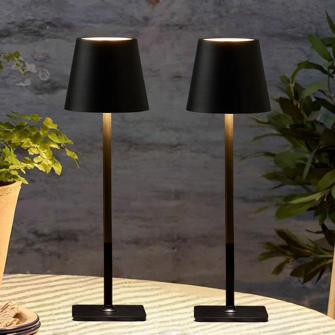 2 Pack Cordless Table Lamps-6000mAh Rechargeable Lamp,Waterproof Outdoor Table Lights for Patio|Shower|Restaurant|Dinner|Kitchen Counter|Dining Table Top Lighting,Mini Small Battery Operated Lamp (Black)