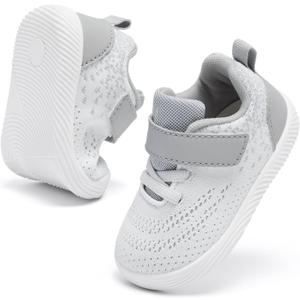MORENDL Toddler Sneakers Baby Boys & Girls Barefoot Shoes Lightweight Breathable Walking Running Tennis Athletic Sport Shoes White Gray 15-18 Months Size 6