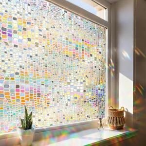 Windimiley Window Privacy Film 3D Rainbow Stained Glass Static Clings | Bathroom Decorative Sticker,Prism Holographic Sun Blocking Decals for Front Door Home Removable,Coverings,17.5x78.7 In,Pure