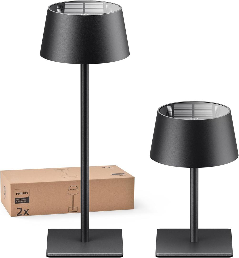 Philips Solar Outdoor Table Lamp, Portable LED Desk Light,Cordless Battery-Operated 2 Adjustable Height, Touch Control & Stepless Dimming Night LightWaterproof for Garden, Bedroom (Black)