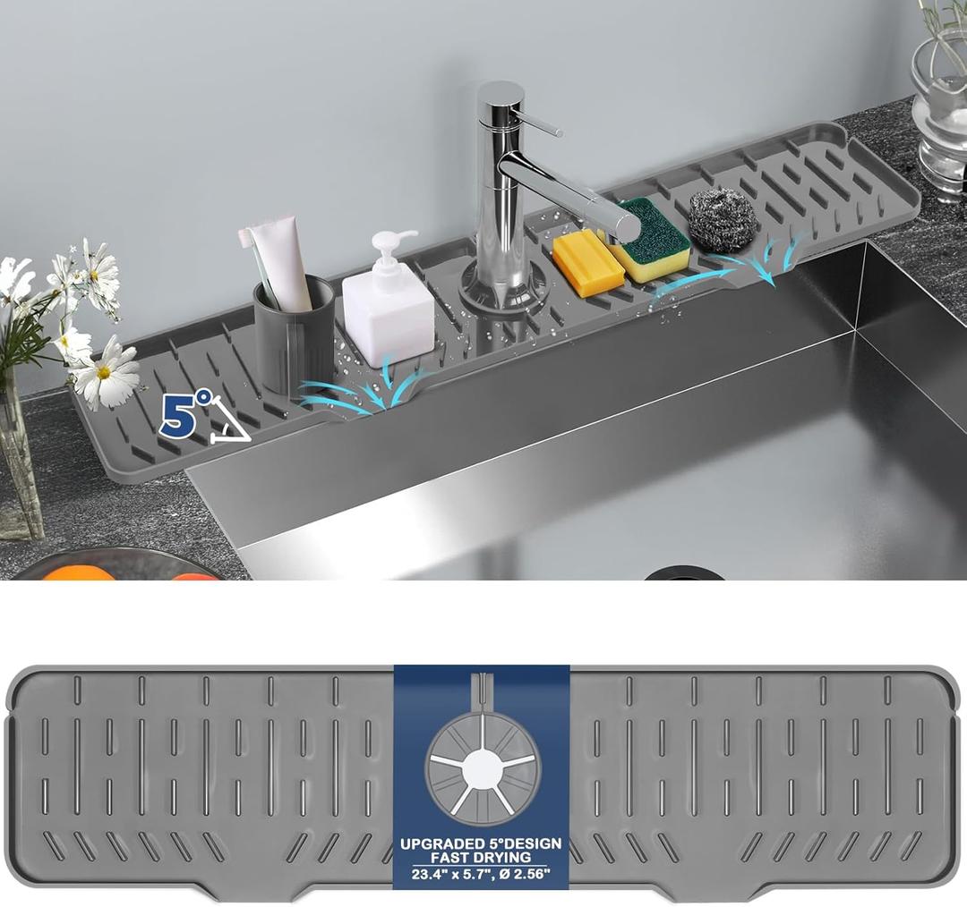 24" Splash Guard Plus Size Silicone Sink Faucet Drying Mat Handle Drip Catcher Tray Dish Sponge Holder Kitchen Accessories Protector Home Organization Gadgets Organizer (Grey: 23.4"x5.7")