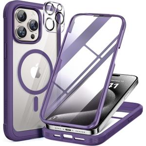 Miracase Magnetic for iPhone 15 Pro Max Case 6.7'' [Compatible with Magsafe] Full-Body Drop Proof Phone Case for iPhone 15 ProMax with Built-in 9H Tempered Glass Screen Protector,Magnetic Purple