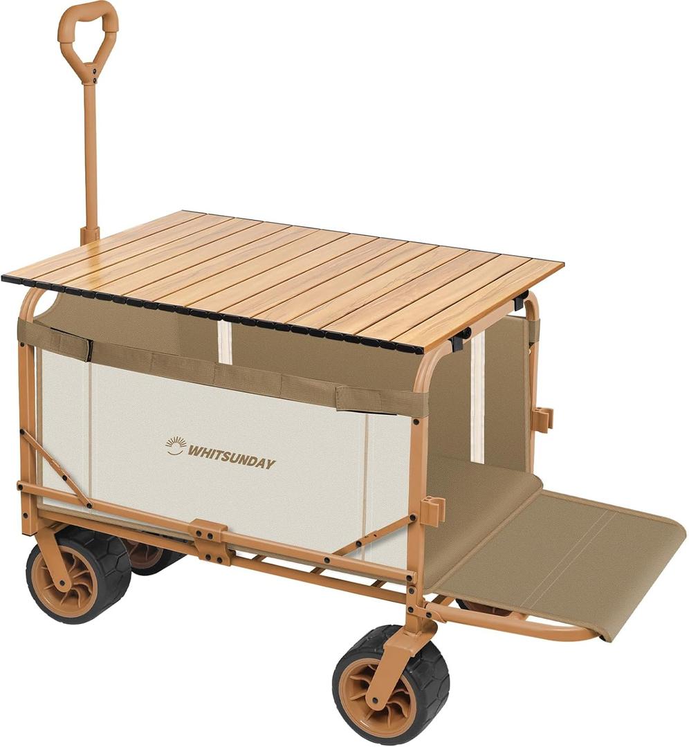 Whitsunday Collapsible 3 in 1 Wagon,Heavy Duty Collapsible Foldable Wagon Carts with Wheels, Folding Utility Wagon with Table Converts to Bench Beige (With Table, Beige)