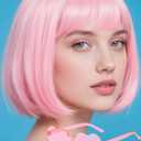 Light Pink Bob Wig with Heart Sunglasses - Heat-Resistant, Synthetic Fiber, Adjustable and Natural Looking