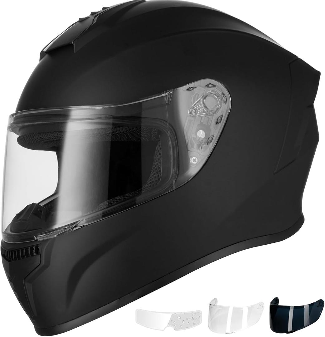 Favoto Full Face Motorcycle Helmet DOT Approved, Cascos para Motos Snowmobile Dirt Bike Helmet for Adults Men Women, Anti-Fog Film Included (M(57-58cm/22.4-22.8inch), Black)
