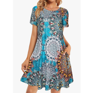 Womens Summer Dresses Beach Casual Loose Tshirt Floral Short Sleeve Flowy Pockets Sundresses 24W