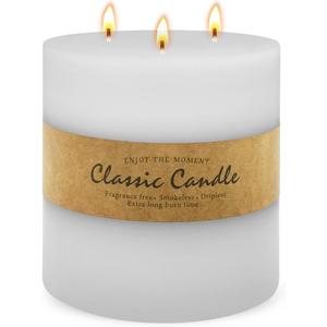Large 3-Wick White Pillar Candle - 6x6 Inch Dripless & Smokeless Unscented Fat Candle, 120 Hour Long Burning Hand-Poured Thick Candle with Cotton Wicks