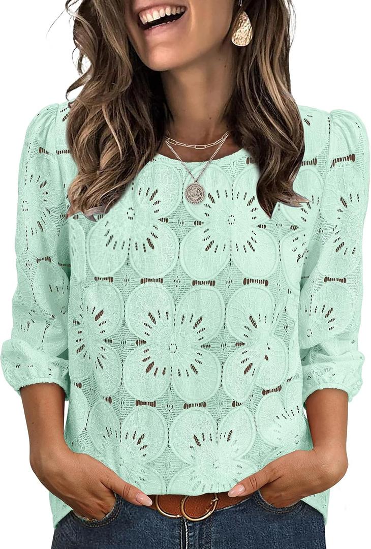 Sampeel Women Blouses Dressy Casual 3/4 Length Sleeve Tops Eyelet Lace Spring Summer Shirts Beach Vacation Clothes (Green, XL)