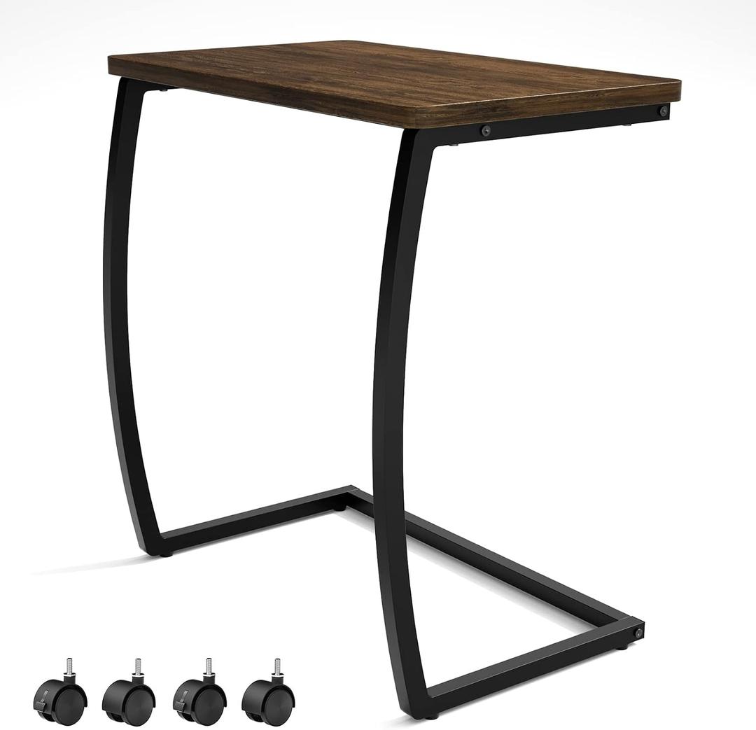 SRIWATANA Side Table, C-Shaped End Table with Rolling Wheels,Rustic Sofa Couch Table for Laptop Coffee Snack, Dark Walnut, 22L x 13.7W x 26.2H