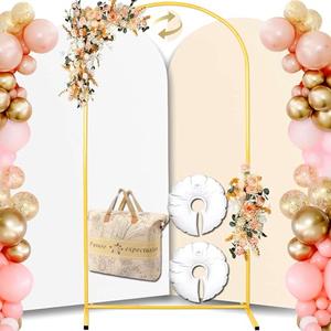 7.2FT Adjustable Balloon Party Arch Backdrop Stand and Double Sided Color Cover and 18LBS Water Weight Bag and Portable Storage Bag Set, Gold Metal Birthday Arch Backdrop Stand for Any Event Decor
