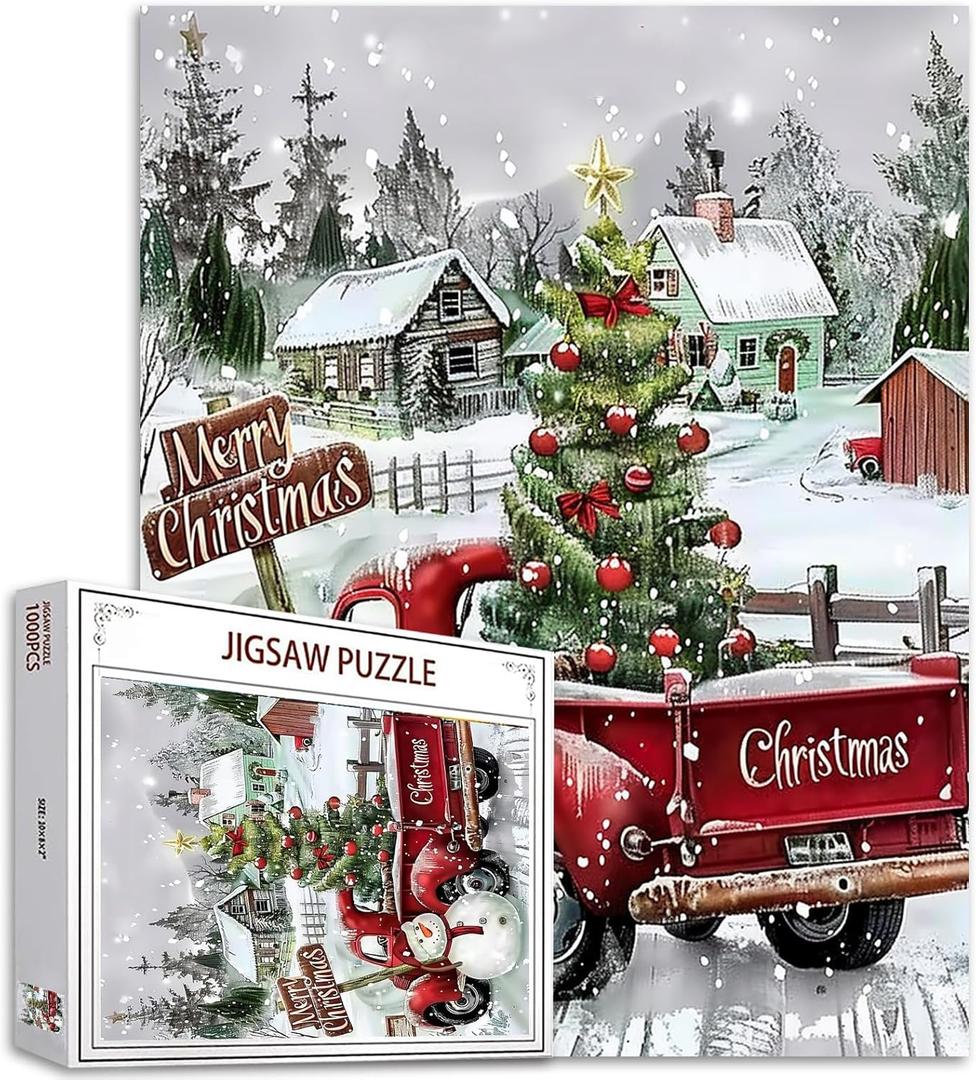 Merry Christmas Puzzles 1000 Pieces for Adults, Families (Wooden House,Fantasy Forest,Chriastmas Tree,Vintage Car) Pieces Fit Together Perfectly 19.7''x27.6''inch Winter Magic Puzzle Art Boho Gift