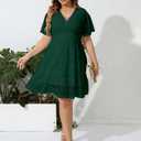 SCOMCHIC Women Plus Size Lace Cocktail Dresses Faux Wrap V Neck Short Sleeve Flowy A Line Wedding Guest Midi Dress Emerald Green (Green)
