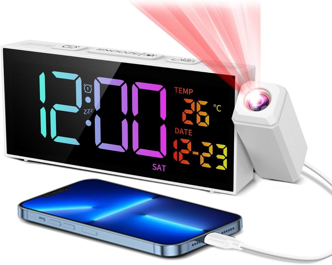 Netzu Projection Clock for Bedroom Ceiling, Alarm Clocks with 180 Rotatable Projector, Date Temperature and Weekday, Manual DST, 5 Brightness, 10 Ringtones, 4 Volumes (White RGB)
