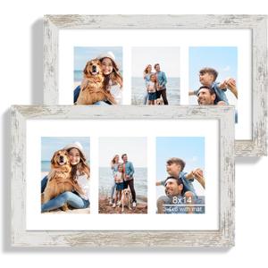 Hongkee 8x14 Picture Frame Set of 2, Distressed White Wood Frame with Glass Collage Frame, Display Pictures 3-4x6 With Mat or 8 x 14 Without Mat - Horizontal or Vertical Wall Mounting